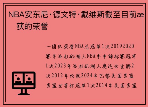NBA安东尼·德文特·戴维斯截至目前所获的荣誉
