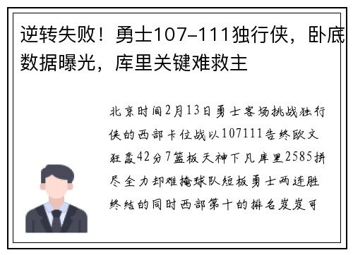逆转失败！勇士107-111独行侠，卧底数据曝光，库里关键难救主